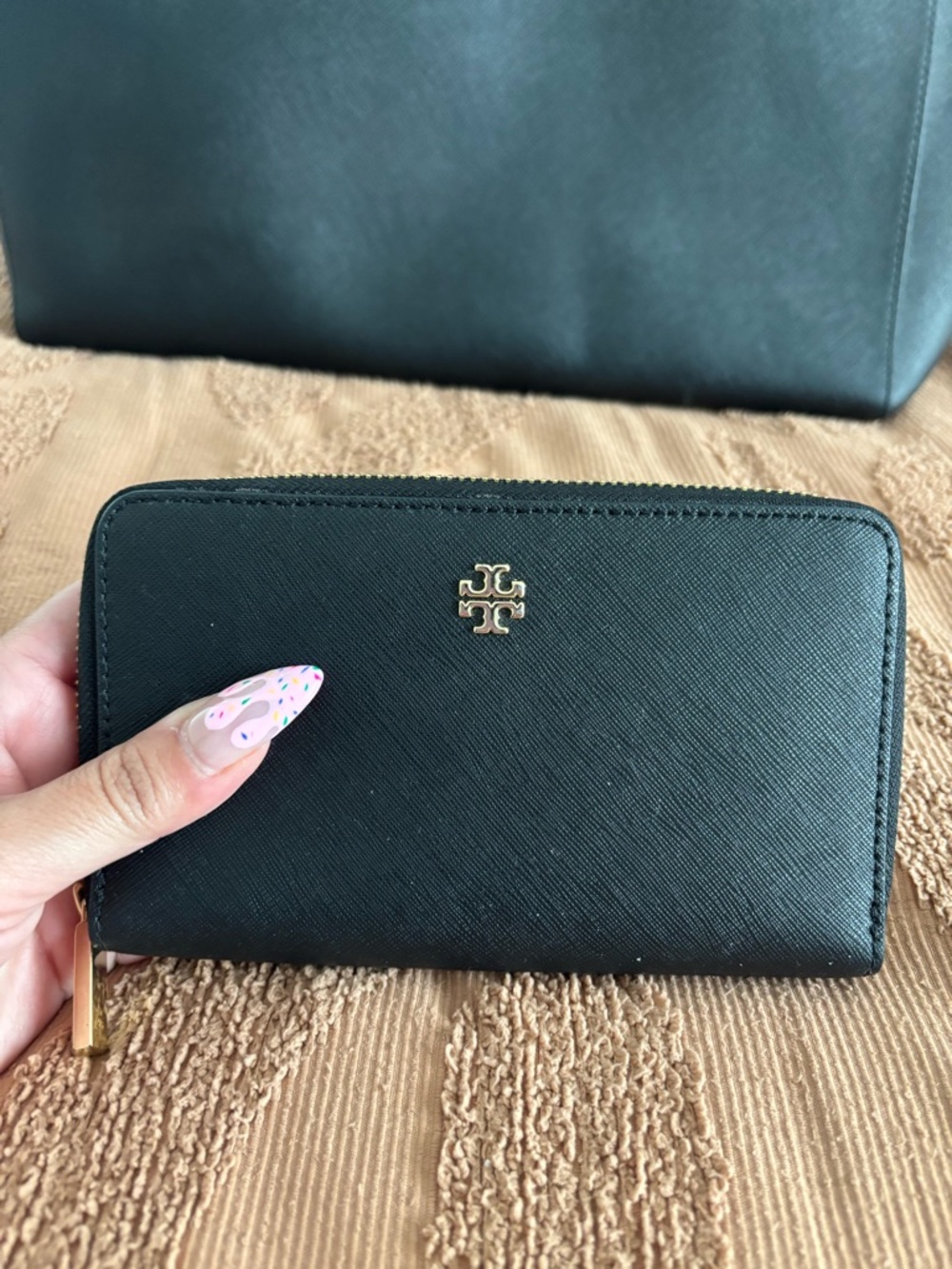 Tory Burch Black York Zip Saffiano Wallet with Gold Logo